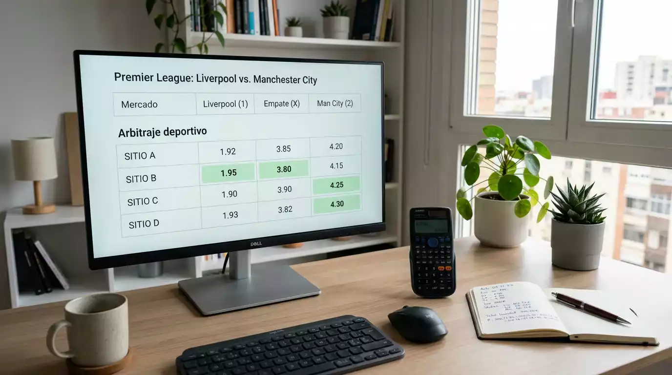 Pantalla de ordenador mostrando comparativa de cuotas entre diferentes casas de apuestas para arbitraje deportivo