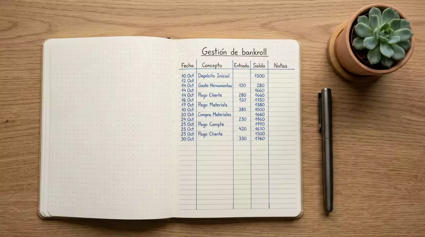 Cuaderno de notas con registro de apuestas y calculadora sobre escritorio de madera